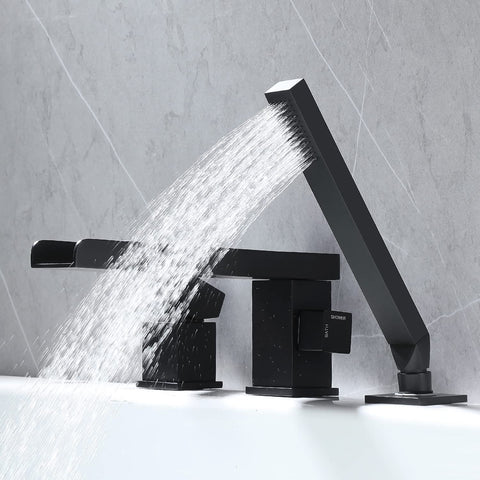 Waterfall Roman Tub Faucet Deck Mount With Hand Shower Three Hole Widespread Matte Black Bathroom Fixture Featuring Waterfall Tub Spout Single Handle High Flow for Quick Fill and Spa Vibe