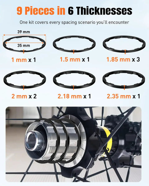 9 Pcs Bike Cassette Spacer Kit Aluminum Alloy Flywheel Washers Six Thicknesses For 7 8 9 10 11 Speed Cassettes diagram.