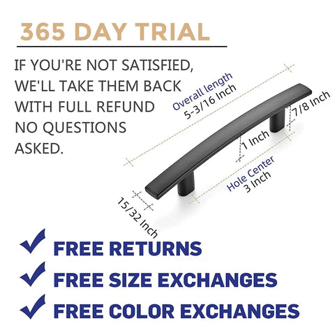 50 Pack Curved Matte Black Cabinet Pulls For Kitchen Drawers And Cabinets Arch Style Drawer Handles, 5-3/16 Inch Length, 365 Day Trial