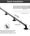 Badass 12 Foot Matte Black Stair Handrail Wall Mount Pipe Style Metal Grab Bar Non Slip Grip Built Tough For Indoor Steps And Outdoor Decks measurements with screws for installation.