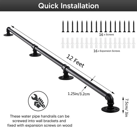 Badass 12 Foot Matte Black Stair Handrail Wall Mount Pipe Style Metal Grab Bar Non Slip Grip Built Tough For Indoor Steps And Outdoor Decks measurements with screws for installation.