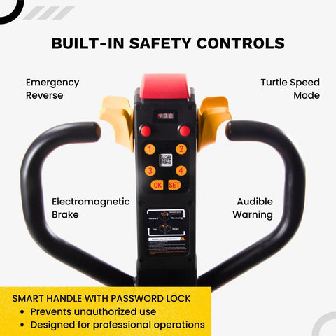 Built-in safety controls of Heavy Duty 4,400 Lb Capacity Electric Pallet Truck With Lithium Ion Battery including emergency reverse and brake.