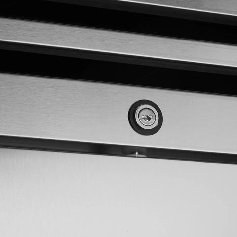 Close-up of key lock on 54 Inch Heavy Duty Commercial Freezer 49 Cubic Feet Reach In Upright Cooler stainless steel door.