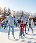 Family ice skating outdoors, woman wearing Cozy Fleece Lined Double Layer Balaclava Beanie Set With Pompom Winter Ski Snow Hat And Circle Scarf Face Mask And Neck Gaiter For Extreme Cold Outdoor Snowboarding Running.