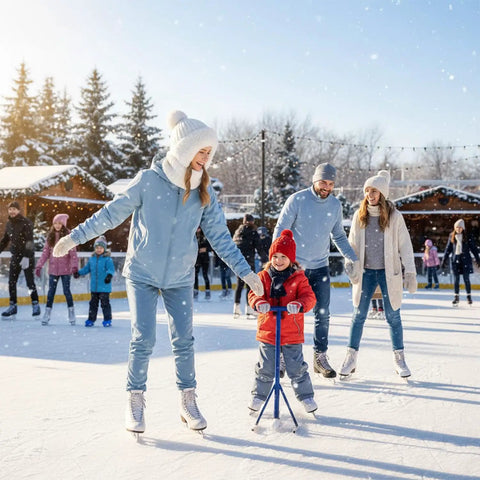 Family ice skating outdoors, woman wearing Cozy Fleece Lined Double Layer Balaclava Beanie Set With Pompom Winter Ski Snow Hat And Circle Scarf Face Mask And Neck Gaiter For Extreme Cold Outdoor Snowboarding Running.