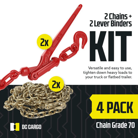 Heavy Duty Ratcheting Chain Binder Kit For 3/8 Inch Grade 70 Extra Long 20 Foot Chain With Load Binder Set, red lever and gold chains