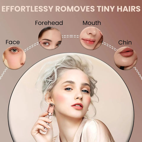 Woman using Go-To Facial Hair Remover For Women With Built-In Light And Stainless Steel Blade, highlighting facial areas.
