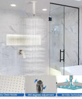 Shower Faucet Set And Handle Kit For Ceiling Mount Rainfall System, Single Function Trim, Rough In Valve Included, 12 Inch Square Shower Head In Brushed Nickel, Male Threads, No Fuss Install, Premium Metal Build, installed in a modern bathroom.