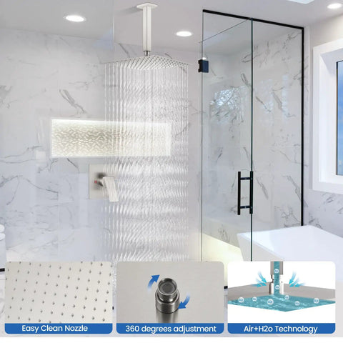 Shower Faucet Set And Handle Kit For Ceiling Mount Rainfall System, Single Function Trim, Rough In Valve Included, 12 Inch Square Shower Head In Brushed Nickel, Male Threads, No Fuss Install, Premium Metal Build, installed in a modern bathroom.