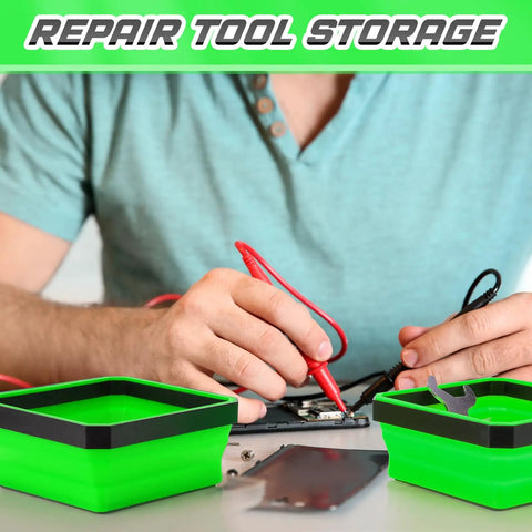 Premium Hustle Ready Collapsible Magnetic Tool Tray 10 Piece Set Silicone Parts Organizer For Mechanics Heavy Duty Liquid Resistant Magnet Holder Foldable Garage Kit Real Deal Setup Green in use with tools on a workbench.