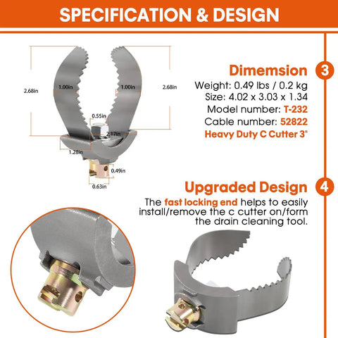 Heavy Duty Three Inch C Cutter Cable Coupling Drain Cleaning Workhorse with sharp blades for removing stubborn clogs.
