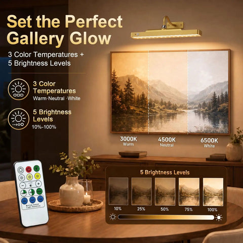 Premium Rechargeable Motion Sensor Picture Light Gold Wall Mounted Frame Illuminator shown with color temperature options and brightness levels.