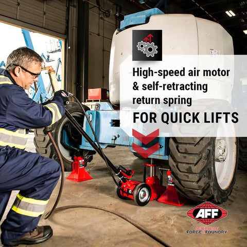 Heavy Duty 22 Ton Axle Jack With Single Stage Air Assist Hydraulic Truck Lift And Three Piece Extension Kit Boasts High Speed Air Motor Slick Rubber Wheels Plus Dead Easy Locking Handle For No Sweat Daily Shop Work