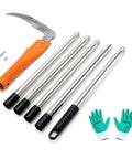 Adjustable Long Handled Weeding Sickle with High Carbon Steel Blade, extension poles, orange handle, and green gloves included.