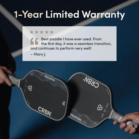 Two TruFoam Waves Paddle With Elongated Handle, Carbon Fiber Pickleball Paddle, side by side on court with review.