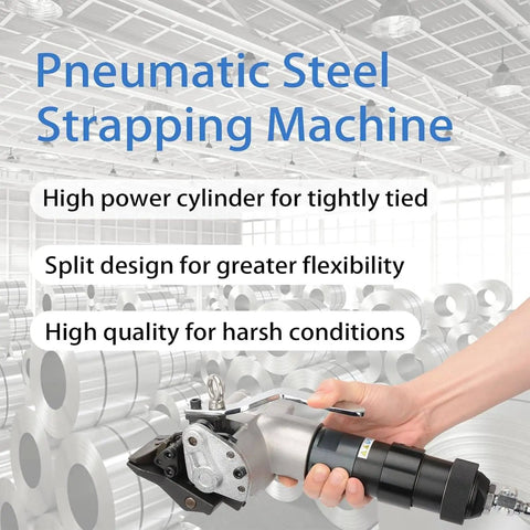 DFEDHF Pneumatic Steel Strapping Machine For 1.25 Inch Metal Belt with high power cylinder for tough industrial applications.