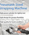 Heavy Duty Pneumatic Air Steel Strapping Tool for 1.25 Inch Metal Band with robust aluminum alloy and integrated cutter.