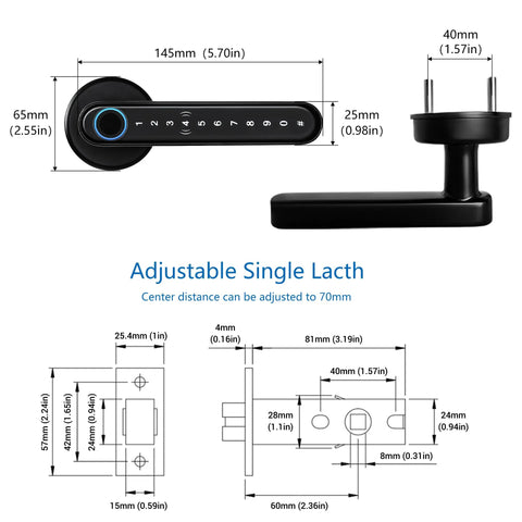 Smart Lock Fingerprint Door Lock With App Control No Fuss And 5 In 1 Keyless Entry Including Anti Peep Password IC Card USB Backup Key And Physical Key Auto Lock Easy DIY Install For Home Apartment And Co Working Spaces with diagram showing dimensions.