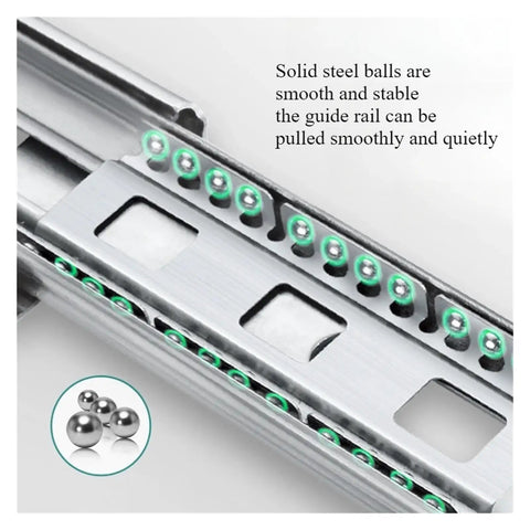 Close-up of stainless steel drawer slides with soft close and full extension, showing smooth glide mechanism and steel balls.