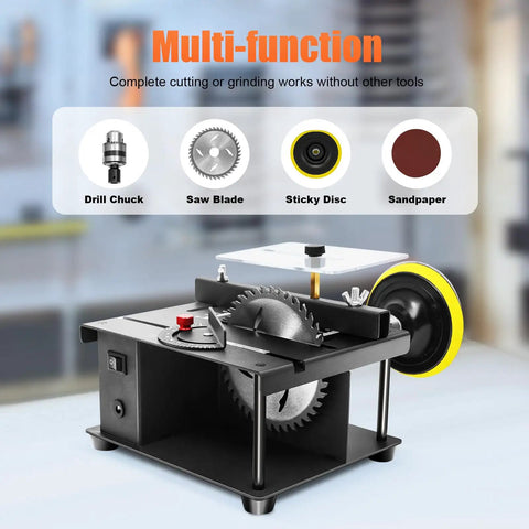 Compact Mini Sliding Table Saw Built Tough For Wood Metal Plastic Cutting With Smooth 0 To 90 Degree Angle Tilt And Compact Footprint for versatile cutting and grinding.