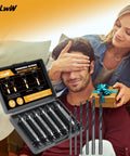 12 Piece Damaged Screw Extractor and Cobalt Drill Bit Set with HSS 6542 steel, gift box, and 6 extractors, 6 drill bits visible.