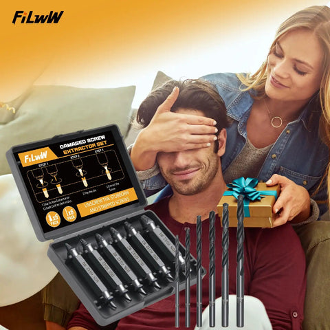 12 Piece Damaged Screw Extractor and Cobalt Drill Bit Set with HSS 6542 steel, gift box, and 6 extractors, 6 drill bits visible.