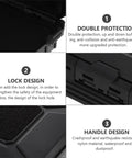 Close-up details of Black Tactical Outdoor Storage Box With Modular Attachment System showing lock, handle, and protection features.