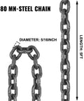Front view of G80 steel chain sling, 5 ft length, 5/16 in links, four-leg grab hooks