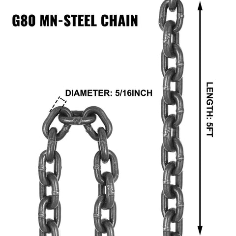 Front view of G80 steel chain sling, 5 ft length, 5/16 in links, four-leg grab hooks