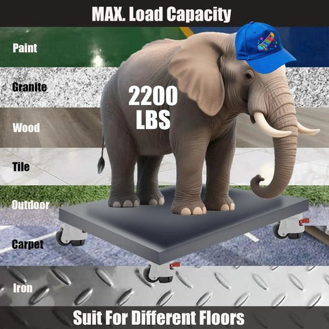 Heavy Duty Leveling Casters With Ratchet Handle Set Of Four Height Adjustable Industrial Retractable Wheels Built Tough For The Daily Grind Two Inch And M12 Threads Handles Massive Loads Like A Champ, featuring an elephant on a platform showing max load capacity.