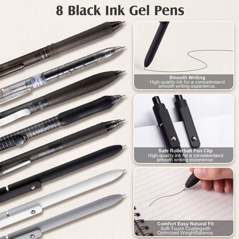 All In One College Stationery Gear with black gel pens showcasing smooth writing, rollerball pen clip, and easy natural fit features.