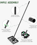 Image of Pro Grade Lawn Leveling Rake With Adjustable 6.5 Ft Handle showing simple assembly details, rubber handle, and carbon steel construction.