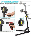 Heavy Duty Bike Repair Stand With Hand Crank Mechanical Lift, Max 110 Lbs Load, Aluminum Work Stand showing adjustable height.