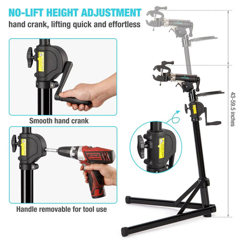 Heavy Duty Bike Repair Stand With Hand Crank Mechanical Lift, Max 110 Lbs Load, Aluminum Work Stand showing adjustable height.