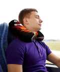 Man using U Shaped Travel Pillow For Neck And Head Support Super Cozy Napping Cushion For Flights And Car Rides in bus