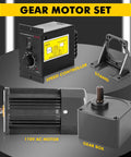 Gear motor set with 110V AC motor, gearbox, speed controller, and mounting stand (front view)
