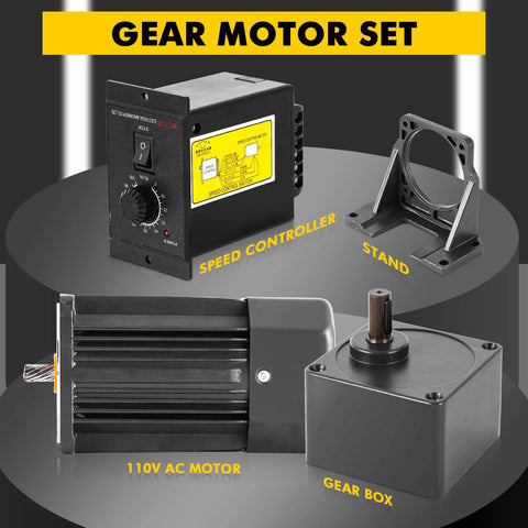 Gear motor set with 110V AC motor, gearbox, speed controller, and mounting stand; front view