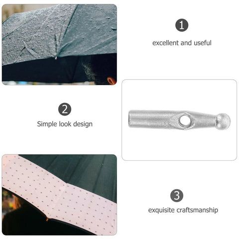 Handy Dandy 10 Piece Umbrella Tail Beads Kit For Foldable Repair and Sturdy Plastic Rib End Caps shown on a wet black umbrella.