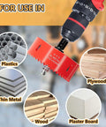 Three And Three Quarters Inch Bi Metal Hole Saw Drill Bits Kit with Arbor and Pilot Bit cutting wood, plywood, and plastic pipes.