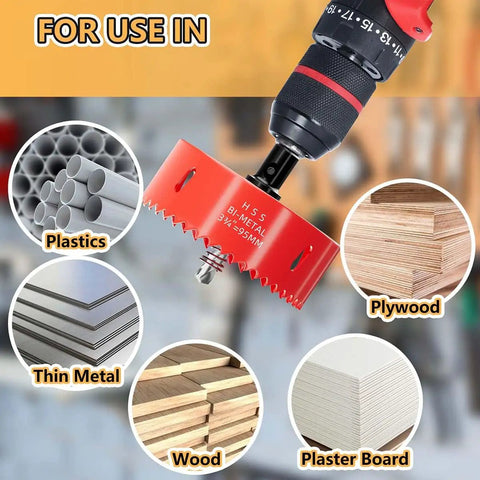 Three And Three Quarters Inch Bi Metal Hole Saw Drill Bits Kit with Arbor and Pilot Bit cutting wood, plywood, and plastic pipes.