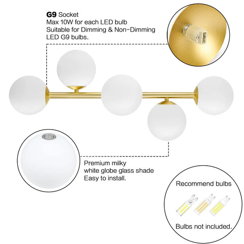 Five Light Bathroom Vanity Light Fixture With Milk Glass Globes In Brass Finish For A Slick Mid Century Modern Look And Semi Flush Mount Ceiling And Wall Sconce G9 Base