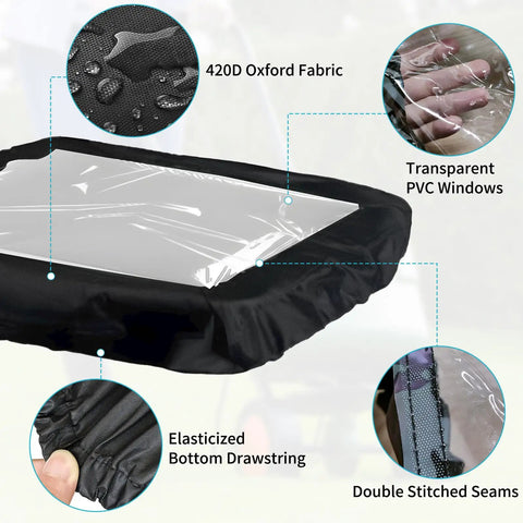Diagram of Beefy Hopper Cover For Fertilizer Spreader 420D Waterproof With Clear Window, showing material, seams, and drawstring.