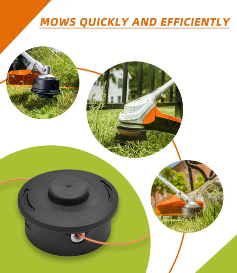 Compatible 25 2 Bump Feed Trimmer Head Replacement for Weedeater and Brush Cutters with Durable Nylon Line System shown on lawn.