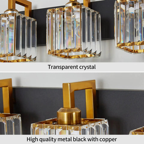 Close-up of Five Light Black Modern Crystal Vanity Wall Lamp for Bathroom Vanity Lighting with crystal accents and metal finish