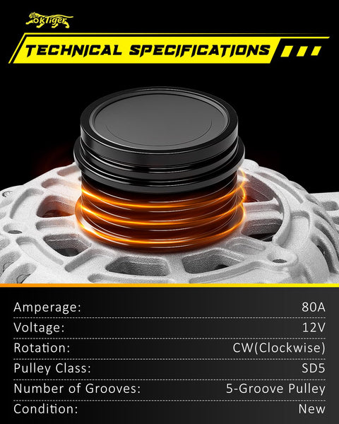 Upgraded Alternator For Chevy Spark 2016 Through 2022 1.4L L4 12V 80A Clockwise 5 Groove Pulley Fits Activ LS LT Models Reference 42527306 Replacement Part OE Grade Quality And Ready To Swap In For A Smooth Reliable Electrical System Upgrade with technical specifications shown.