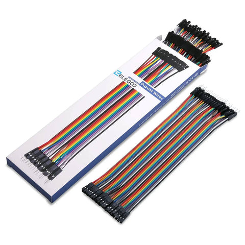 Multicolored Dupont Jumper Wire Kit 120Pcs showing 8-inch 40-pin male-female, male-male, female-female cables for Arduino projects