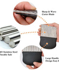 Crinkle cutter knife with a black ergonomic handle and stainless steel wavy blade for fruits and vegetables.