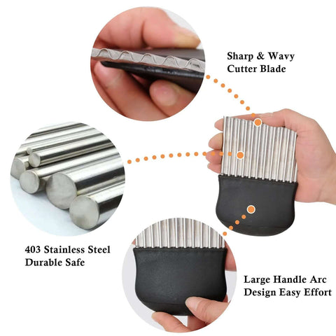 Crinkle cutter knife with a black ergonomic handle and stainless steel wavy blade for fruits and vegetables.