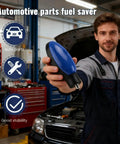 Mechanic holding 2 Pack Portable Gas Saver Plugs For Cars And Trucks With Plug And Play Magnetic Tech To Boost Combustion And Help You Save More Gas Instantly On All Gas And Diesel Engines in automotive workshop.