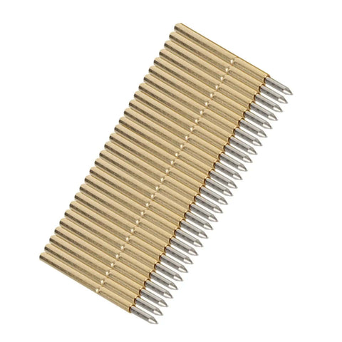 100 Pcs Spring Test Probe Pin Set P75-B1 Brass Tips for PCB Testing with Conical 1.4mm Head and 1.02mm Needle. Brass probes arranged.